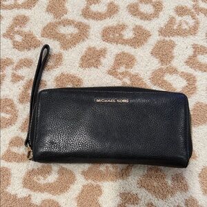 Michael Kors Black Pebbled Leather Zip Wristlet with Gold Logo